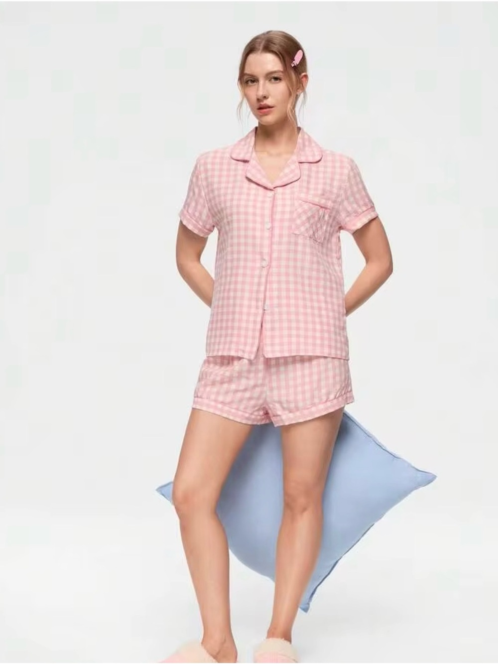 SHEIN Pink Gingham Short Pajama Set